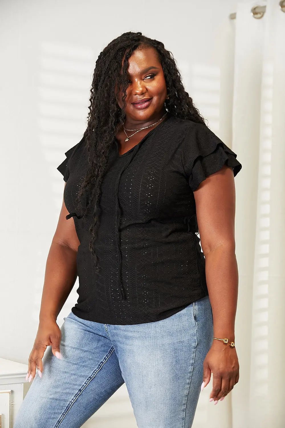 Double Take Eyelet Tie-Neck Flutter Sleeve Blouse - Love Salve